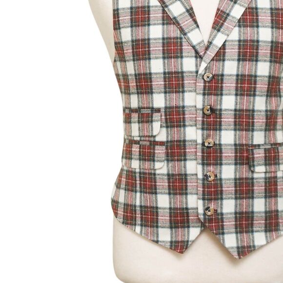 Mens Tartan Plaid Vest 44R White Red Green Lambswool Waistcoat XL Formal Wedding - Picture 7 of 9